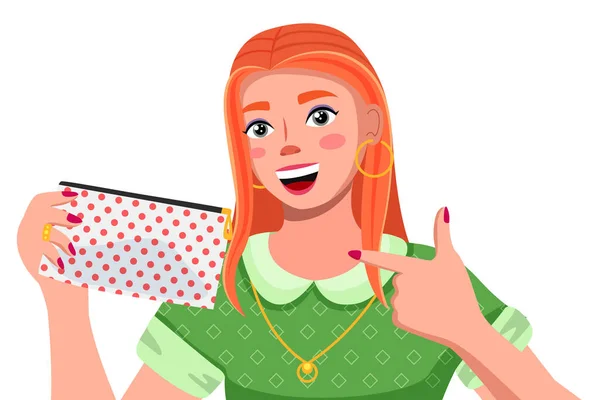 Portret van een jonge vrouw met rood lang haar in een groene jurk. Schattig lachend meisje geïsoleerd op wit — Stockvector