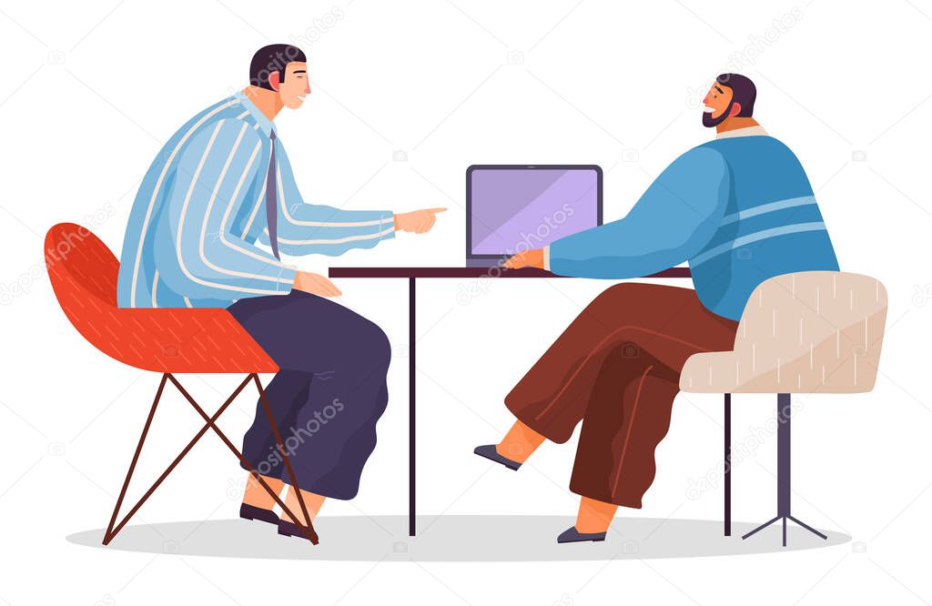 Working space, businessmen sitting at desk with laptop. Business meeting or working process