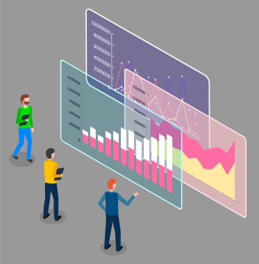 Holografik sunumu olan iş adamları. Pano resimlemesindeki veri tabloları ve istatistik şemaları