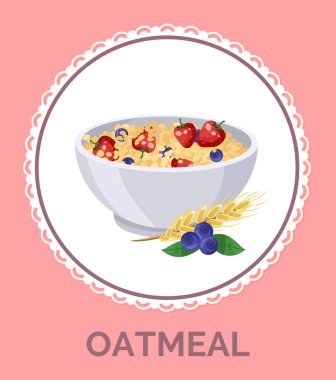 Beyaz tabakta yulaf ezmesi. Sağlıklı kahvaltı gevreği, müsli, derin kasede meyveli mısır gevreği.