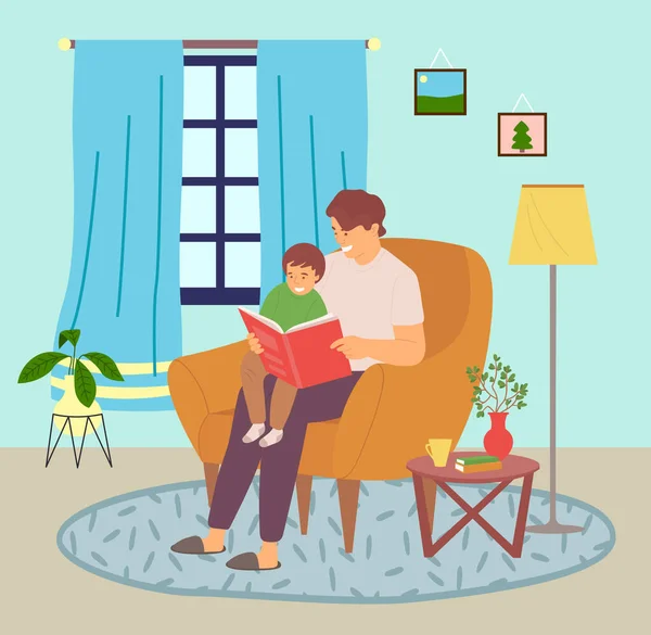 お父さんは息子に話を読んで、子供と家で時間を過ごす。父は赤ん坊の世話をする — ストックベクタ