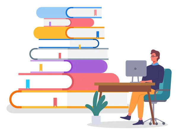 Online utbildning koncept banner med karaktär ung man sitter vid ett bord nära stack av böcker — Stock vektor