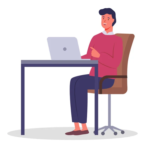 Um trabalhador de escritório atrás de uma secretária com um portátil. Empresário ou funcionário que trabalha na sua mesa de escritório —  Vetores de Stock