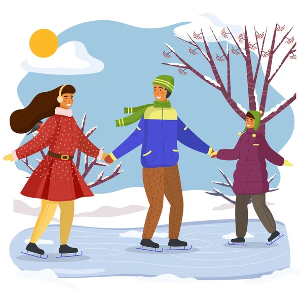 Famille jouant au patin à glace sur la patinoire en plein air par temps ensoleillé pendant la saison d'hiver passer du temps ensemble — Image vectorielle