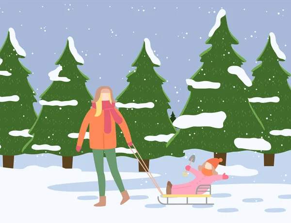 妈妈和一个小孩在冬天散步。女人推小孩的雪橇.一家人一起走在户外 — 图库矢量图片