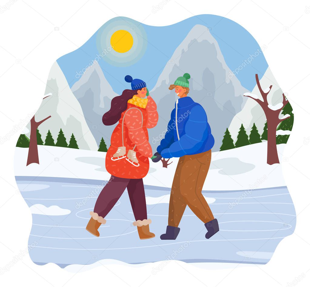 Man and woman together in snow covered park on the ice lake. Couple have fun on the rink
