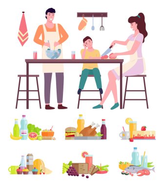Mutlu aile babası ve oğlu mutfak vektör illüstrasyonunda yemek yapıyor. Aile yemeği hazırlığı.