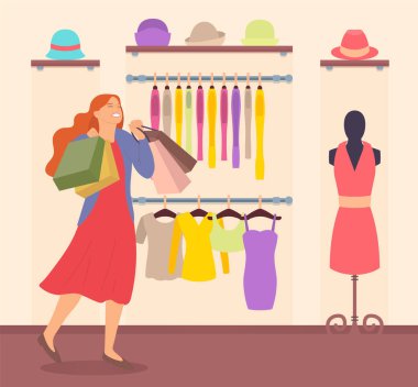 Alışveriş merkezi vektör illüstrasyonunda alışveriş yapan kadın. Butikte elinde alışveriş torbalarıyla bir kız.