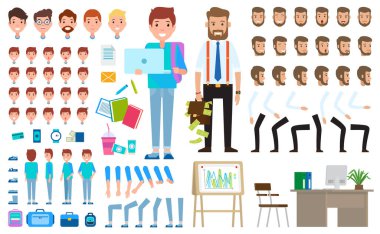 El çantası ve dizüstü bilgisayarı olan bir öğrenci, para dolu bir iş adamı, eşya koleksiyonu