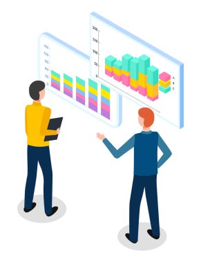 Takım çalışması analizi, iş adamları stratejiyi tartışıyor, finansal plan, istatistik, sunuma bak