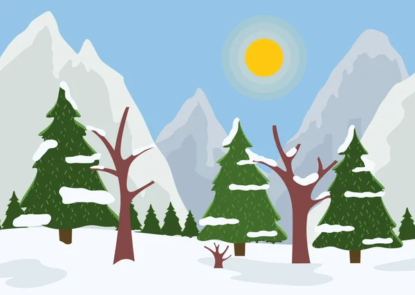 Zimowy krajobraz przyrody z jodłami, jasne słońce, las świerkowy na horyzoncie za zaśnieżonym wzgórzem — Wektor stockowy