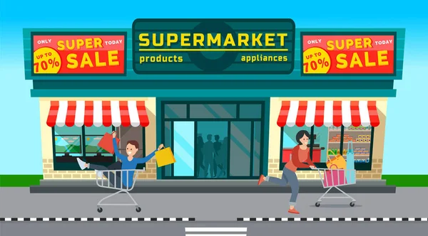 Los clientes salen de la tienda con compras. Ventas y descuentos en supermercados. Gente comprando — Vector de stock