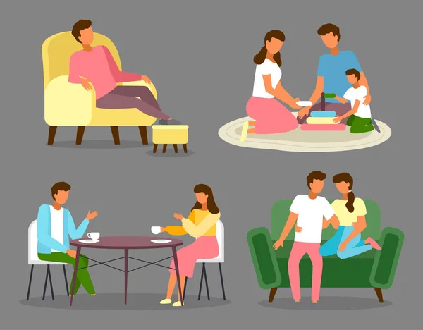 Μέλη της οικογένειας περνούν χρόνο μαζί στο σπίτι. Μητέρα, πατέρας και παιδιά στο διαμέρισμα — Διανυσματικό Αρχείο
