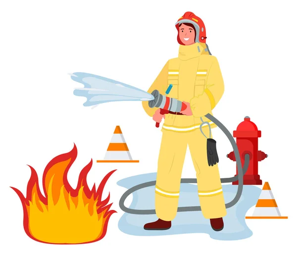 Kobieta nosząca kostium strażaka z kaskiem i trzymająca wąż strażacki gaśnie wodą z pożaru — Wektor stockowy