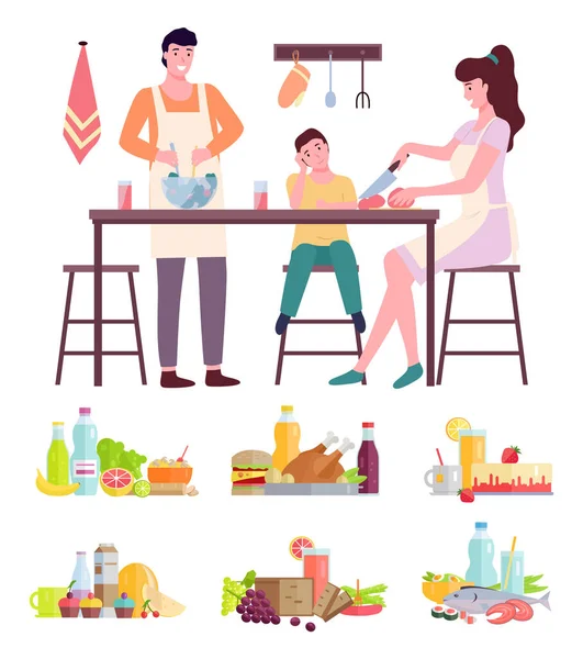 Feliz familia mamá papá e hijo cocinar en la ilustración vectorial cocina. Preapareciendo cena familiar — Vector de stock