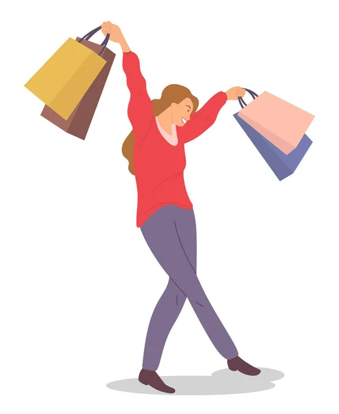 Femme heureuse debout avec des sacs à provisions. Jeune fille de la mode ramasse des paquets et croise ses jambes — Image vectorielle