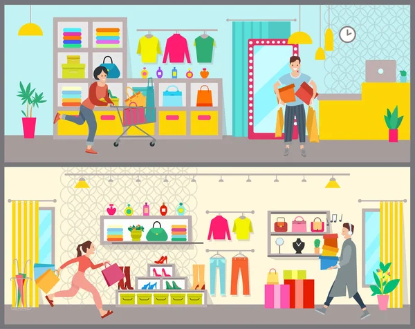 Les gens font du shopping dans une boutique de mode. Les acheteurs avec des achats passent du temps libre dans le centre commercial — Image vectorielle
