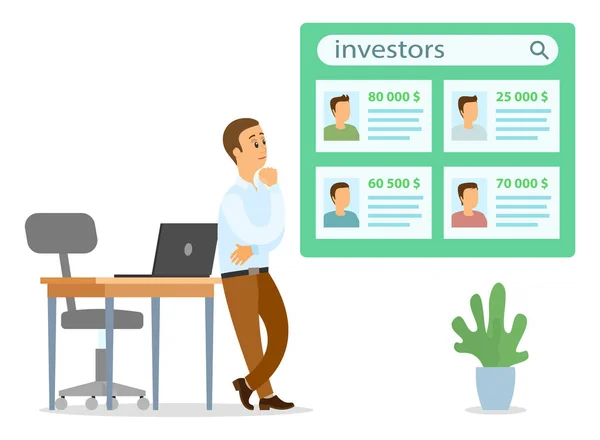 Gedachte zakenman leunen op tafel op zoek naar investeerders voor project of startup, kijk aan boord — Stockvector