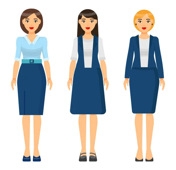 Zestaw kobiet biznesu o różnych fryzurach, kobiet w garniturze biurowym, sukience, koszuli i spódnicy, dresscode — Wektor stockowy