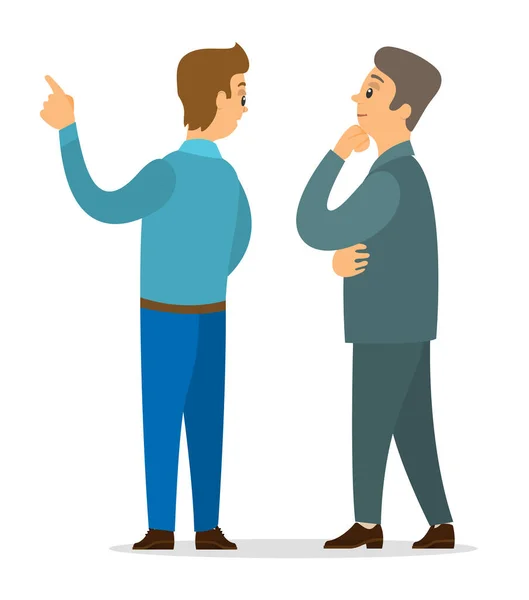 Dois parceiros discutindo algo de pé para trás, cara atencioso ouvindo colega, chefe e trabalhador — Vetor de Stock