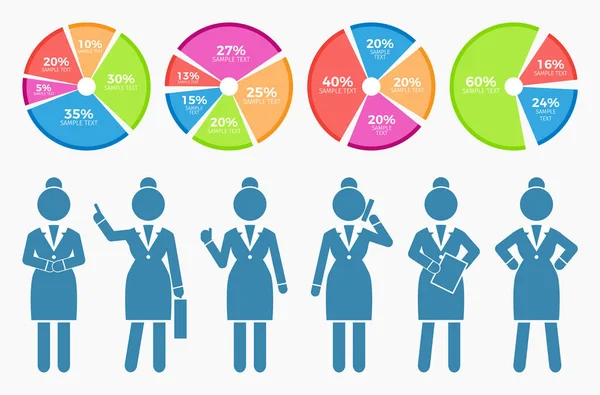 Icônes des femmes d'affaires avec diagramme ou diagramme circulaire, statistique des entreprises, diagramme circulaire avec pourcentages — Image vectorielle