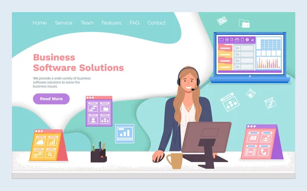 Webbplatsens startsida, mjukvarulösningar för företag, kvinnlig operatör med headset, hjälp online — Stock vektor