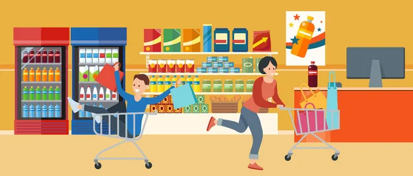 Persone con carrelli che fanno la spesa al supermercato con gli acquisti. Saldi e sconti sui supermercati — Vettoriale Stock
