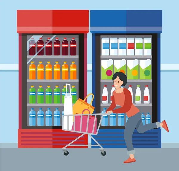 Bakkalda alışveriş yapan bir kadın. Alışveriş arabasında çanta taşıyan bir kız market alışverişi yapar.