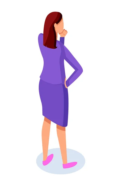 Femme d'affaires pensée, femme réfléchie sans visage portant une veste de bureau et jupe analyse info — Image vectorielle