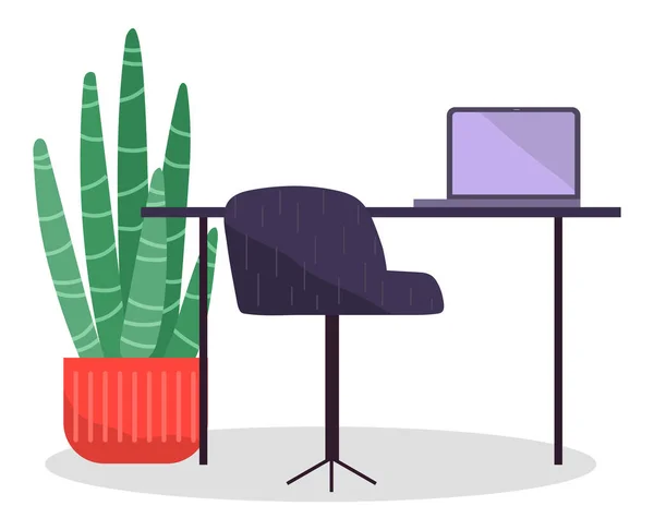 Lugar de trabajo con portátil moderno y silla cómoda, mesa de oficina con computadora y planta de interior — Vector de stock