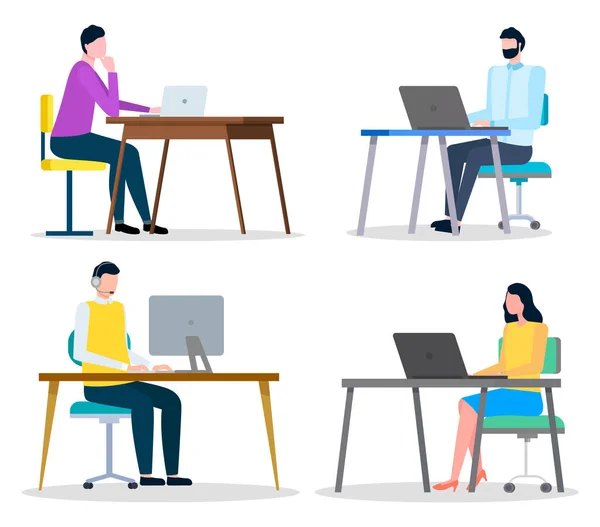 Workplace, working with laptops, set of businesspeople working with computers, office workers — Stock Vector