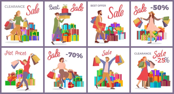 Conjunto de ilustraciones sobre el tema de la venta de vacaciones y la mejor oferta. La gente compra regalos para las vacaciones. — Vector de stock