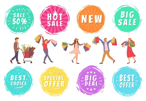 Eine Reihe von Illustrationen zum Thema Menschen während des Verkaufs. Männer und Frauen mit Einkaufstüten — Stockvektor