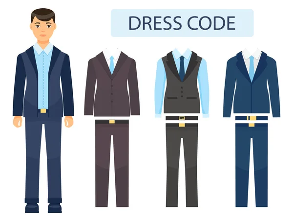 スーツのセット、ビジネスマンの衣装のコレクションと漫画のキャラクター、コンストラクタードレスコード — ストックベクタ