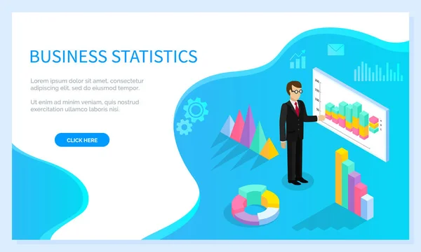 Estadísticas de negocios, sitio web, hombre de negocios en puesto de disfraces cerca de la junta con presentación visual — Archivo Imágenes Vectoriales