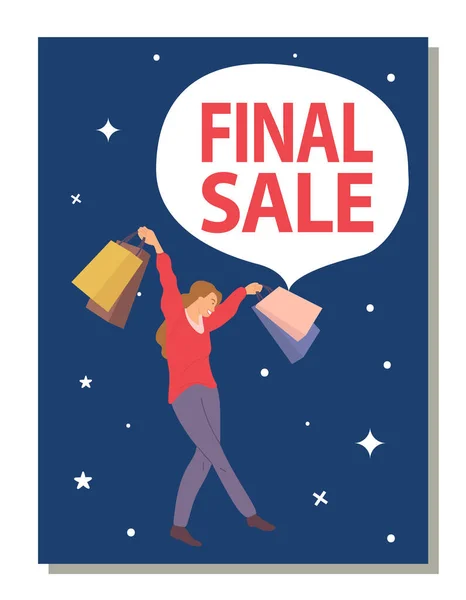Anúncio final de venda na loja. Foto de uma jovem atravessando as pernas na capa do cartão postal —  Vetores de Stock