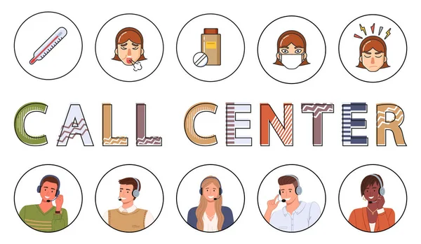 Call center concept, pictogrammen van mix races mensen met headsets, gezondheid levensstijl, gezondheid pictogrammen — Stockvector