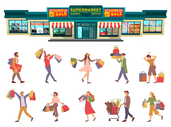 Um grupo de pessoas com pacotes com compras nas mãos. Clientes comprando em supermercado — Vetor de Stock