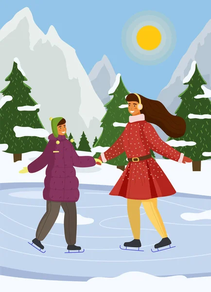 Mother and daughter playing ice skating on rink outdoor during the winter season, active weekend — Stock Vector