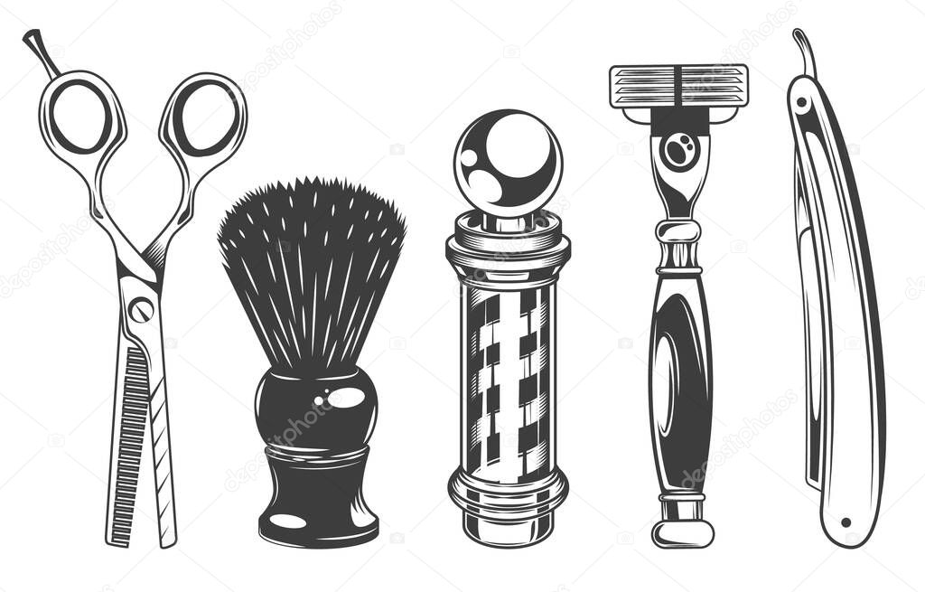 Hairdressers tools and barbershop set of black and white style objects, design elements retro style