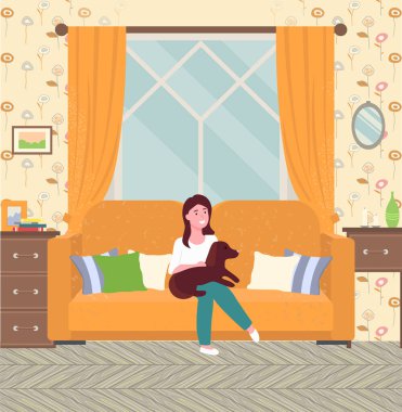 Sevgili köpeğini tutan kız, yastık odası iç mekan illüstrasyonuyla kanepede oturuyor.