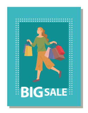Kartpostal kapağındaki gülümseyen kadın alışveriş torbalarıyla ayakta duruyor. Büyük satış duyurusu