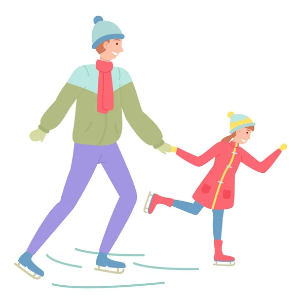 Père et fille jouant au patin à glace sur la patinoire en plein air pendant les vacances de Noël — Image vectorielle