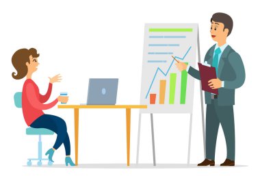 Ofis çalışanı karakterler göstergeleri tartışıyor. İş toplantısı ve iş meselelerinin değerlendirilmesi