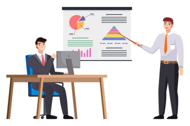 İş adamı istatistiksel bir rapor sunuyor. Analiz ve planlama sektörü