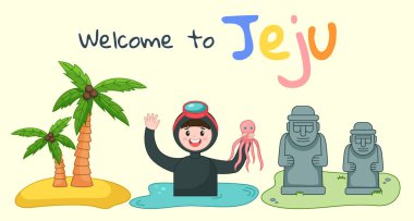 Güney Kore adası Jeju 'nun ana cazibesinin ve yazıtların olduğu pankart.