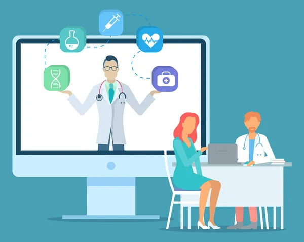 Paciente com médico sentado à mesa usando laptop, médico com ícones médicos na tela do computador — Vetor de Stock