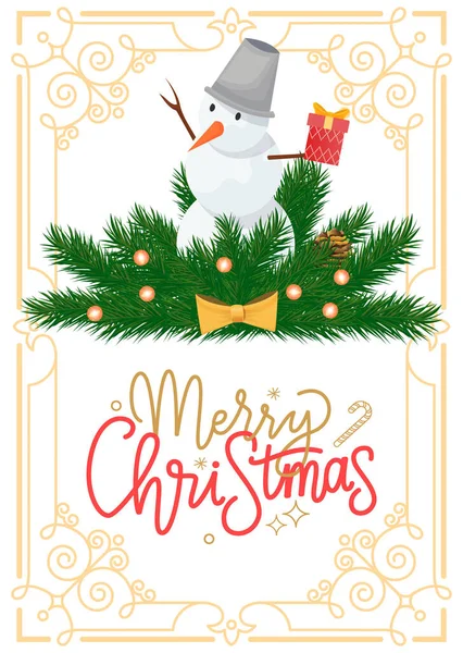 Snowman with Bucket on Head on Spruce Branches — Stock Vector