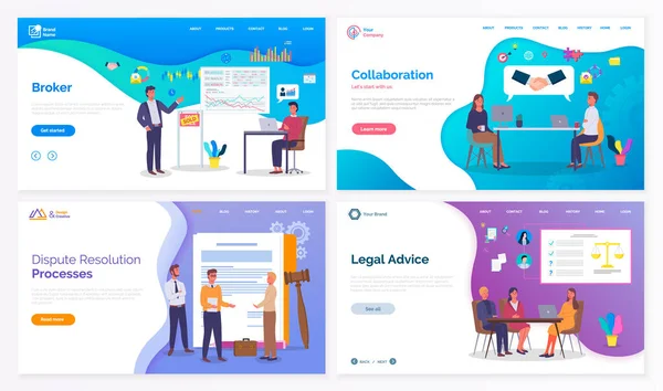 Business website, broker, collaboration, dispute resolution processes, legal advice, partnership — Stock Vector