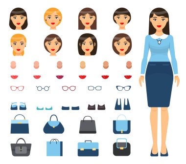 Değişken elementler seti, kadınlı yapıcı, farklı saç kesimleri, aksesuarlar, deri tipleri.
